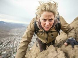 Determined woman climbs a steep mountain trail AI Generative photo