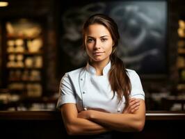 hembra cocinero crea culinario obras maestras en un bullicioso cocina ai generativo foto