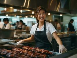 hembra cocinero crea culinario obras maestras en un bullicioso cocina ai generativo foto