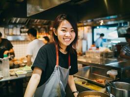 hembra cocinero crea culinario obras maestras en un bullicioso cocina ai generativo foto