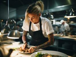 hembra cocinero crea culinario obras maestras en un bullicioso cocina ai generativo foto