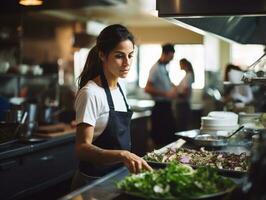 Female chef creates culinary masterpieces in a bustling kitchen AI Generative photo