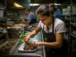 hembra cocinero crea culinario obras maestras en un bullicioso cocina ai generativo foto