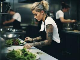 hembra cocinero crea culinario obras maestras en un bullicioso cocina ai generativo foto