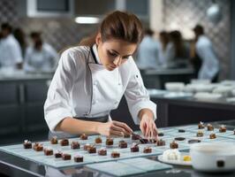 hembra cocinero crea culinario obras maestras en un bullicioso cocina ai generativo foto