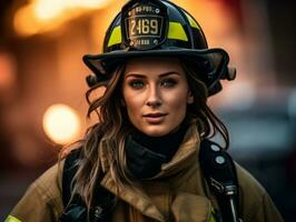 Female firefighter bravely battles the fire AI Generative photo