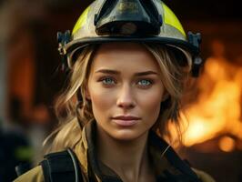 Female firefighter bravely battles the fire AI Generative photo