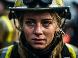 Female firefighter bravely battles the fire AI Generative photo