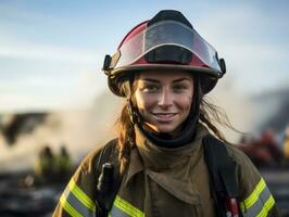 Female firefighter bravely battles the fire AI Generative photo