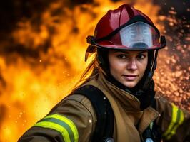 Female firefighter bravely battles the fire AI Generative photo