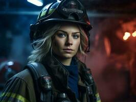 Female firefighter bravely battles the fire AI Generative photo