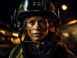 Female firefighter bravely battles the fire AI Generative photo