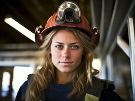 Female firefighter bravely battles the fire AI Generative photo