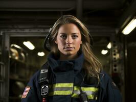 Female firefighter bravely battles the fire AI Generative photo