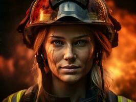 Female firefighter bravely battles the fire AI Generative photo