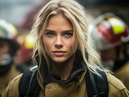 Female firefighter bravely battles the fire AI Generative photo