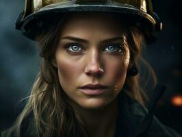 Female firefighter bravely battles the fire AI Generative photo