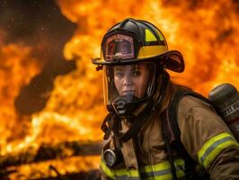 Female firefighter bravely battles the fire AI Generative photo