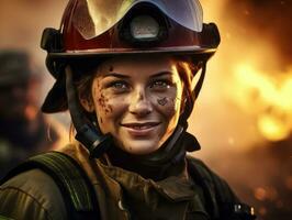 Female firefighter bravely battles the fire AI Generative photo