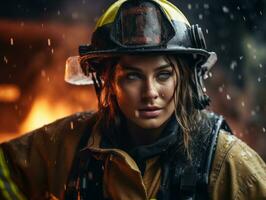 Female firefighter bravely battles the fire AI Generative photo