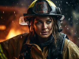 Female firefighter bravely battles the fire AI Generative photo