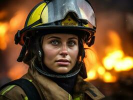 Female firefighter bravely battles the fire AI Generative photo