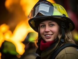 Female firefighter bravely battles the fire AI Generative photo