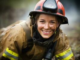 Female firefighter bravely battles the fire AI Generative photo