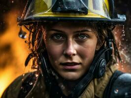 Female firefighter bravely battles the fire AI Generative photo