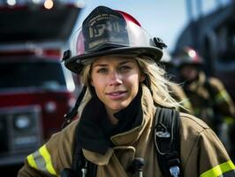 Female firefighter bravely battles the fire AI Generative photo