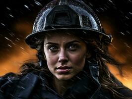 Female firefighter bravely battles the fire AI Generative photo