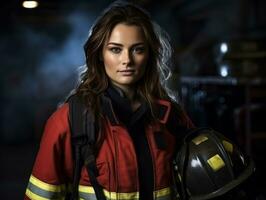 Female firefighter bravely battles the fire AI Generative photo