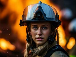 Female firefighter bravely battles the fire AI Generative photo