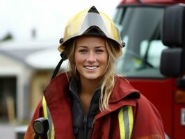 Female firefighter bravely battles the fire AI Generative photo