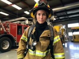 Female firefighter bravely battles the fire AI Generative photo