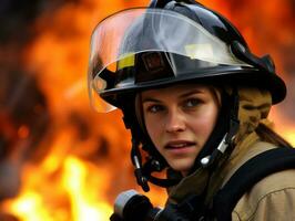 Female firefighter bravely battles the fire AI Generative photo