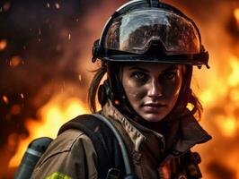 Female firefighter bravely battles the fire AI Generative photo