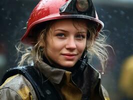 Female firefighter bravely battles the fire AI Generative photo