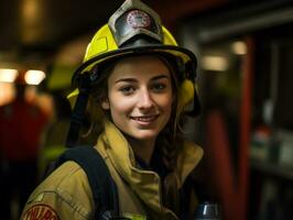 Female firefighter bravely battles the fire AI Generative photo