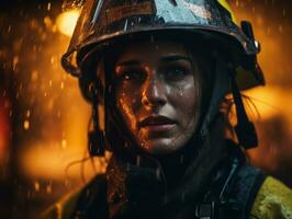 Female firefighter bravely battles the fire AI Generative photo