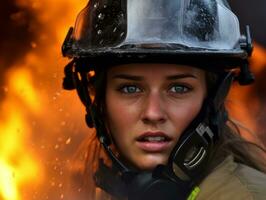 Female firefighter bravely battles the fire AI Generative photo