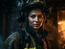 Female firefighter bravely battles the fire AI Generative photo