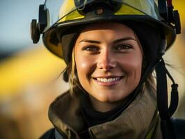 Female firefighter bravely battles the fire AI Generative photo