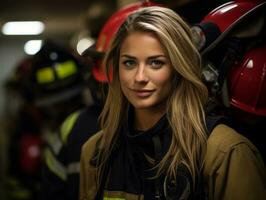 Female firefighter bravely battles the fire AI Generative photo