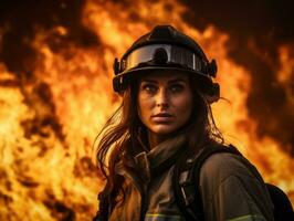 Female firefighter bravely battles the fire AI Generative photo