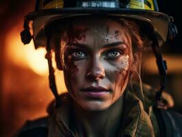 Female firefighter bravely battles the fire AI Generative photo