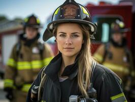 Female firefighter bravely battles the fire AI Generative photo