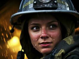 Female firefighter bravely battles the fire AI Generative photo