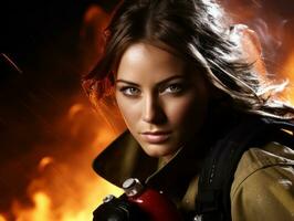 Female firefighter bravely battles the fire AI Generative photo