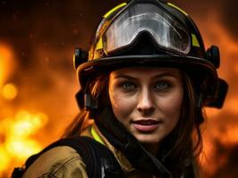 Female firefighter bravely battles the fire AI Generative photo